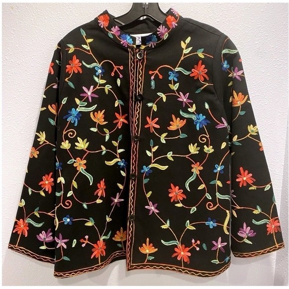 Bfa Classics Jackets & Blazers - Vintage BFA Club Scene Embroidered Floral Jacket Black Boho Folk Art 90s Style